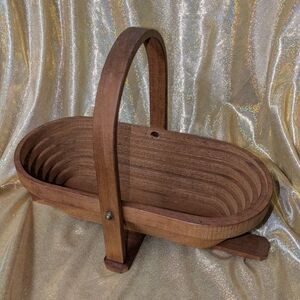 Vintage Handmade Wooden Collapsible Handle Basket TO Trivet